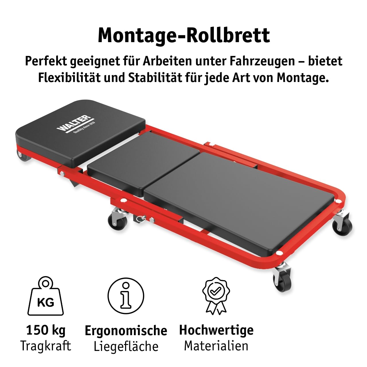 WALTER Montage Rollbrett/Werkstatthocker 2in1 | Tragkraft 150kg Rollsitz, Werkstattliege, Reifen Wechseln Zubehör, 360° drehbar