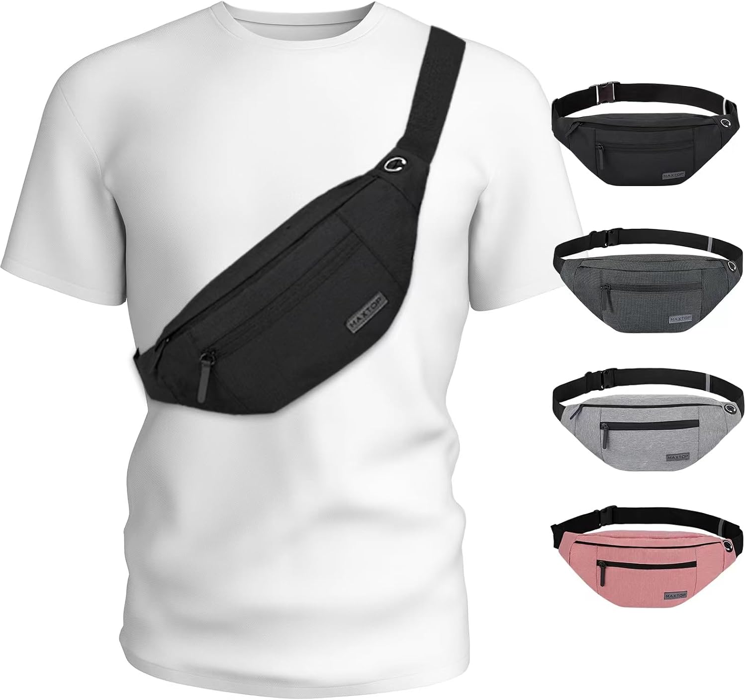 MAXTOP Water-Resistant Fanny Pack – 4 Zipper Pockets