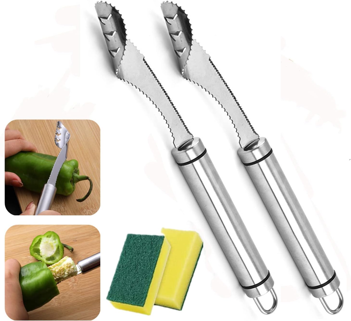 2 Pcs Pepper Seed Corer Remover with Cleaning Sponge