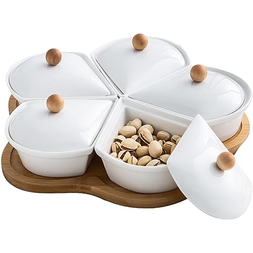 WMM 11 Inch Ceramic Divided Serving Dishes with Bamboo Tray and Lids, 5 Removable Snack Bowls Relish Tray for Candy, Nut, Fruits, Chips and Dip