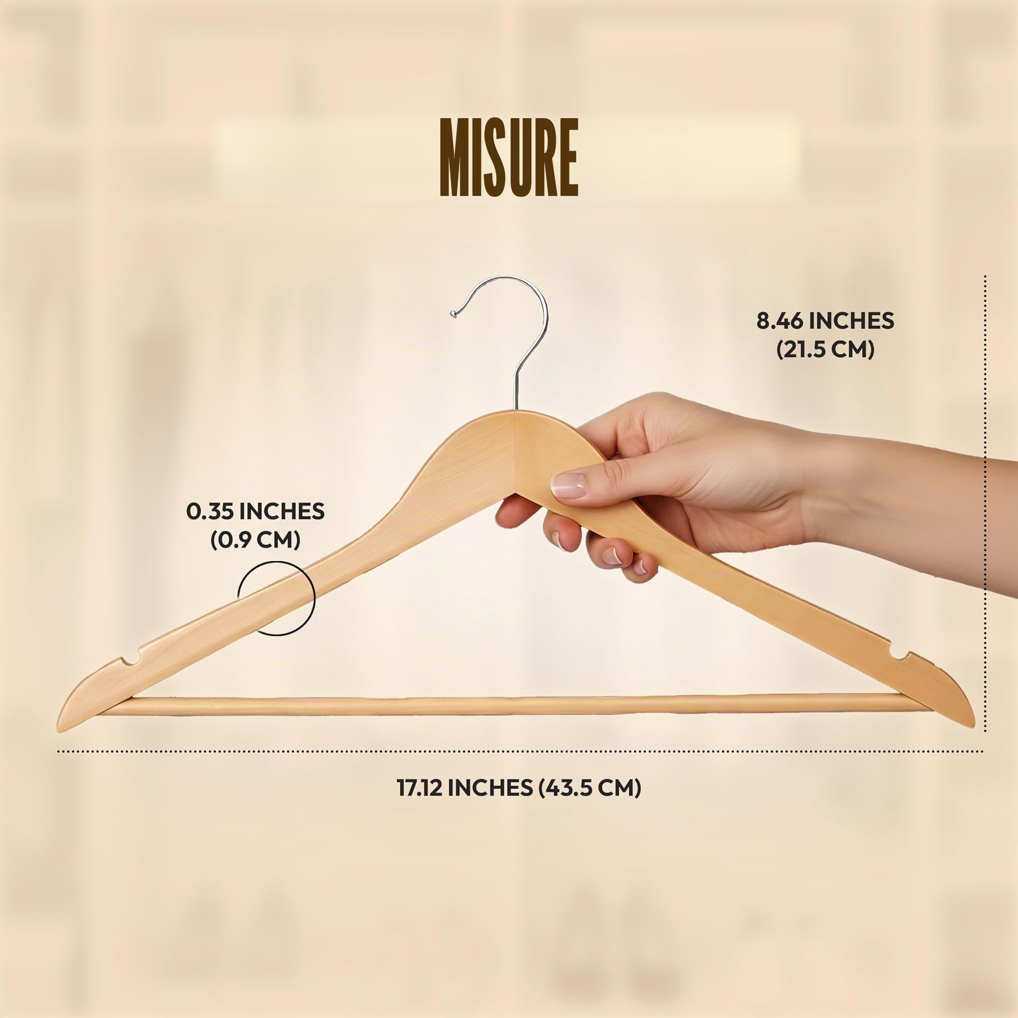 Utopia Home grucce in legno Antiscivolo con barra rotonda per pantaloni e scanalature per le spalle - Grucce durevoli e sottili per cappotto, abito, pantaloni, giacca (Confezione da 20, Naturale)