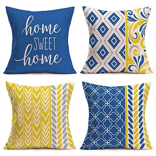 Doitely Blue And Yellow Geometric Pillow Covers 18" X 18" Set Of 4 Modern Sofa Throw Pillow Covers Home Sweet Home Quote Decorative Outdoor Square Pillow Case For Couch Bed #TOP28