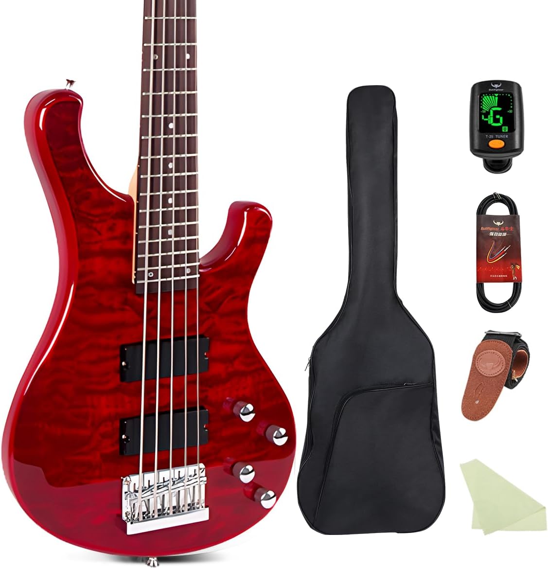 Electric Bass Guitar 5 Strings Full-Size Standard Electric Bass Beginner Kit with Gig Bag Guitar Strap and Guitar Cable Picks Included, DB120 (RED)