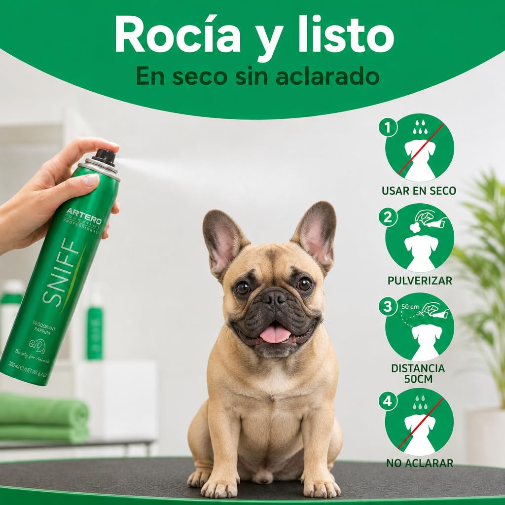ARTERO Sniff Desodorante para Perros 300ml - Elimina Mal Olor Instantáneamente, Spray Corporal de Larga Duración, Apto Cachorros y Adultos, Vegano, Sin Parabenos
