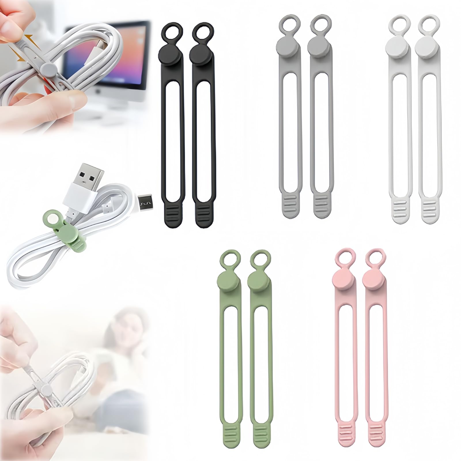 Data Cable Organizer, Upgraded Silicone Cable Ties Reusable Cable Management Organizer, 106mm Multipurpose Elastic Cord Organizers for Bundling and