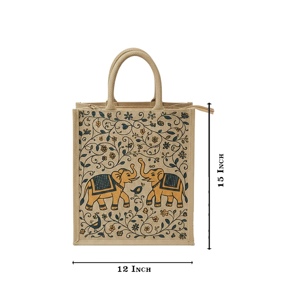 AVLUZ Natural Elephant Printed Jute Bags With Zipper Closure - 15 * 12 * 5 Inch (Pack Of 1) 1