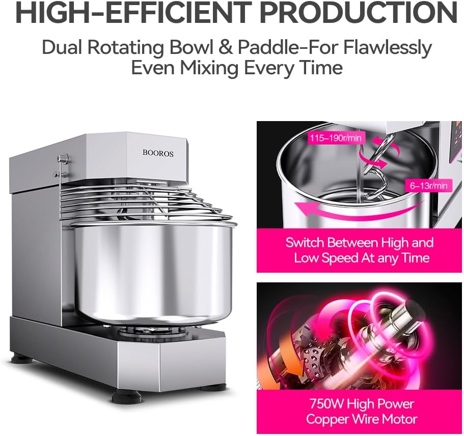BOOROS Commercial Dough Mixer 750W Dual Rotating Dough Kneading Machine Pizza Dough Mixer 10.5Qt Capacity with Timer & Safety Shield Make 2.2-11Lbs of Dough Suitable for Bakery Pizzeria,110V