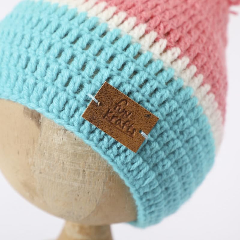 Image of Handmade Knitted Self Design Woolen Beanie Cap for Kids - White & Red 6-12 M | Winter Cap for Baby | FUNCAP56-6-12 M