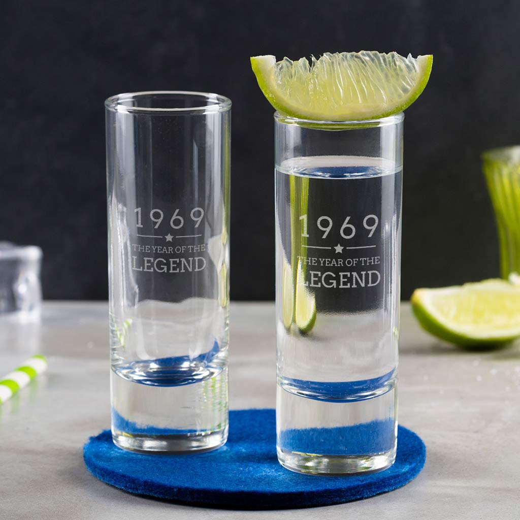 Dust and Things Engraved Tall Shot Glass - 1975 Year of The Legend Design - 50th Birthday Gifts for Men Him - 2oz Shooter