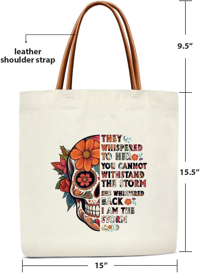 Mexican Sugar Skull Canvas Tote Bag for Women, Dia De Los Muertos Aesthetics Tote Bag, I Am The Storm, Sugar Skull Gifts for Women Reusable Inspirational Gifts Beach Bags -01 - Image 4