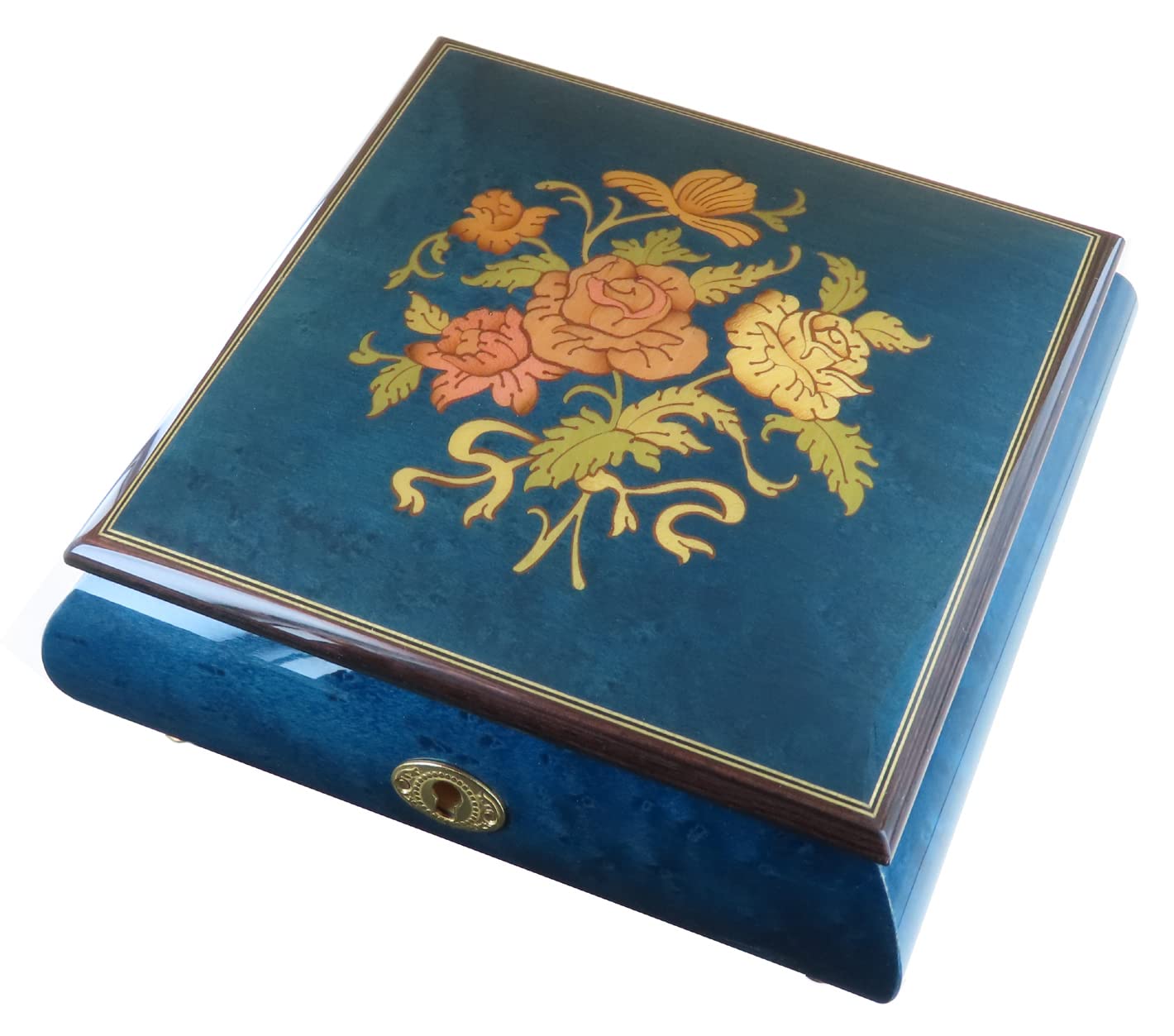 Joyero musical / caja de música para joyas de madera teñida de azul con marquetería ramo de flores y mecanismo musical de resorte de 18 notas - El vals de Amélie Poulain (Yann Tiersen).