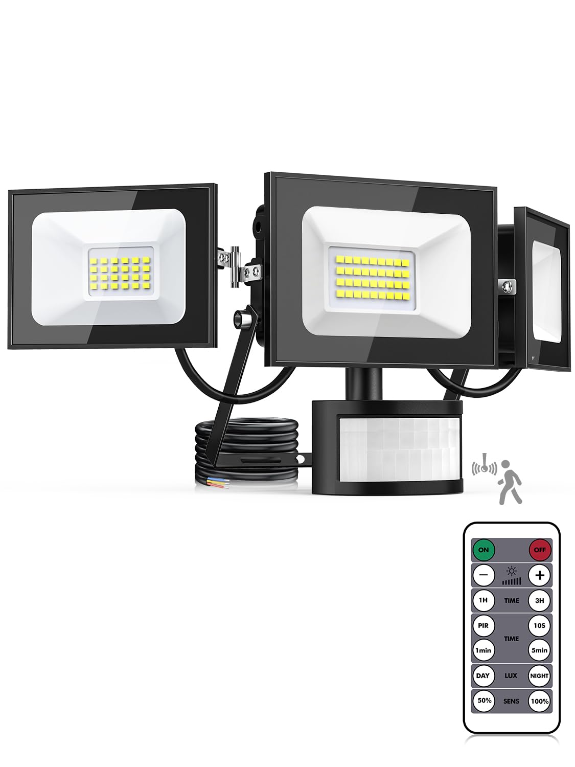 Projecteur LED avec détecteur de mouvement, 100 W, 10 000 lm, 3 têtes réglables, blanc froid 6 500 K, avec télécommande, étanche IP65, pour garage et jardin