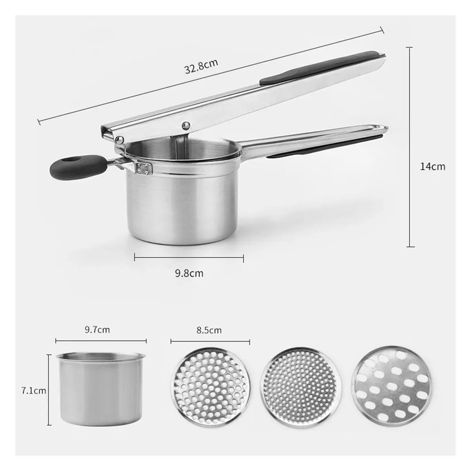 Kartoffelpresse 15 oz mit 3 austauschbaren Scheiben, manueller Kartoffelstampfer, Küchenhelfer aus Edelstahl