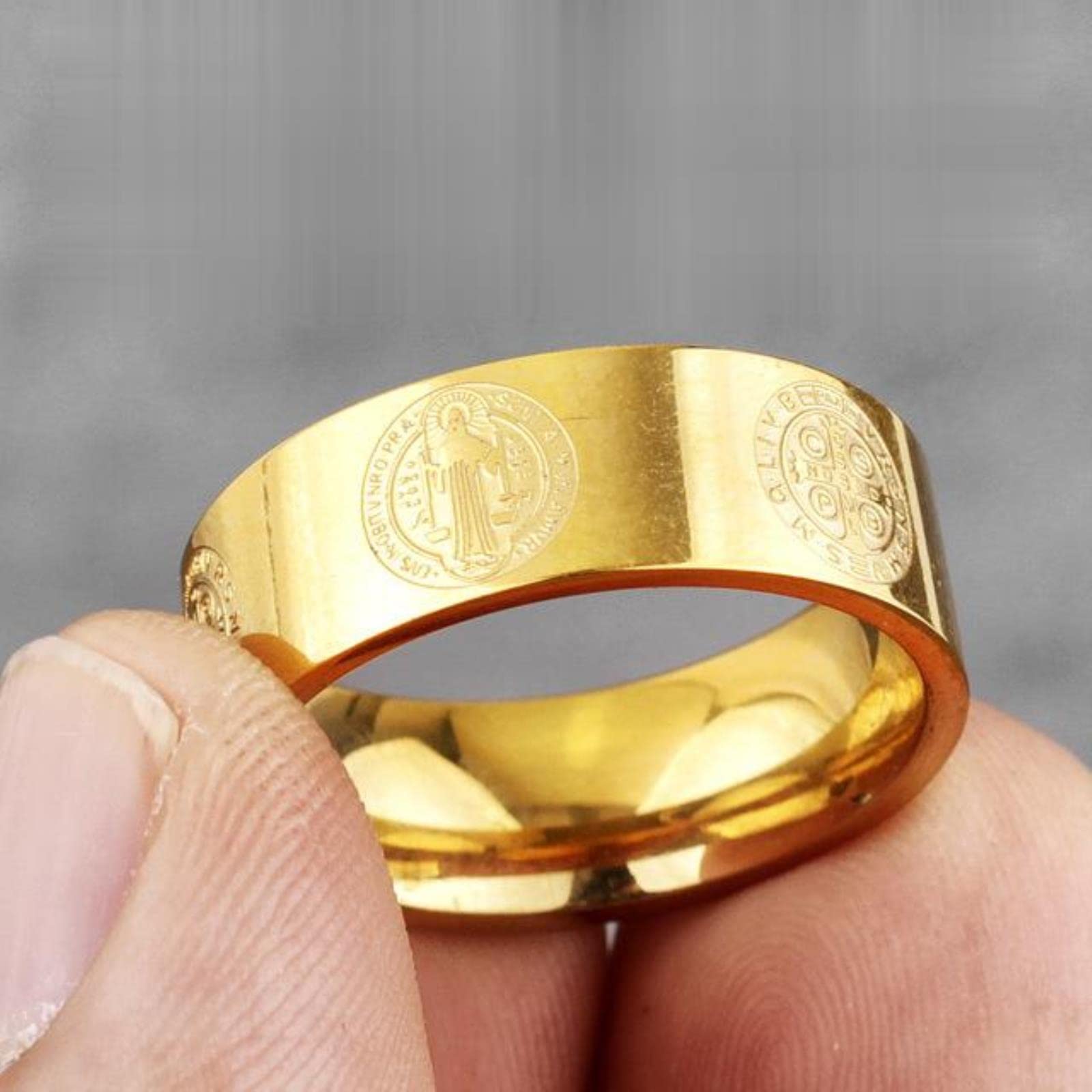 Xjruixi Men's Green Saint Benedict Exorcism Cross Amulet Stainless Steel Rings Simple Punk For Boyfriend Jewelry Creativity Gift Wholesale