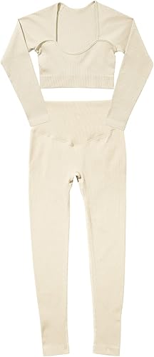 Miniatura 5 de ABOCIW Conjuntos de entrenamiento para mujer, sin costuras, acanalado, cuello corazón, manga larga, parte superior fruncida en los glúteos,