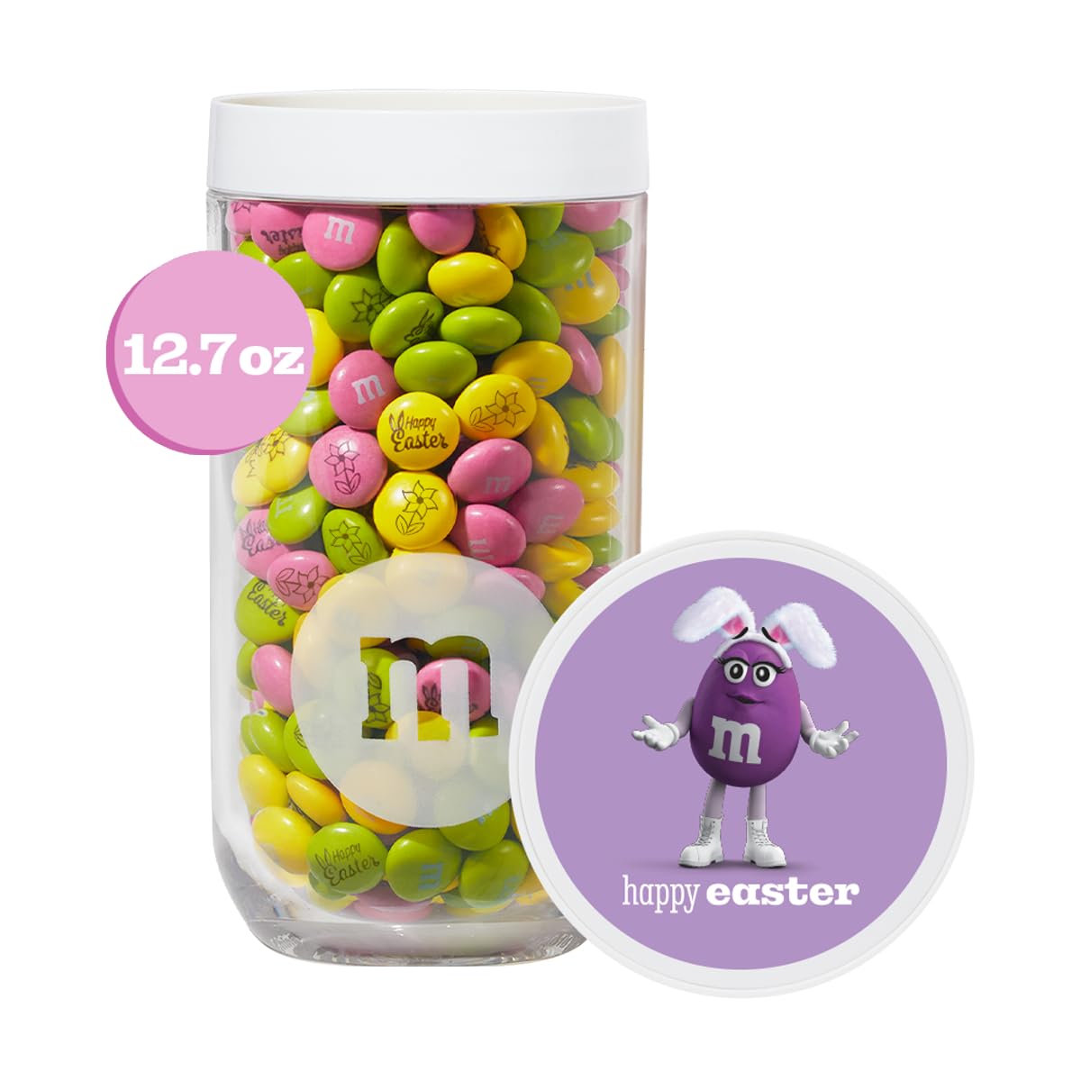 M&M'S WORLD Easter Milk Chocolate Candy Jar, Festive Spring Themed Treats in Reusable Container, Perfect for Egg Hunts, Basket Fillers, Party Favors, and Seasonal Snacking