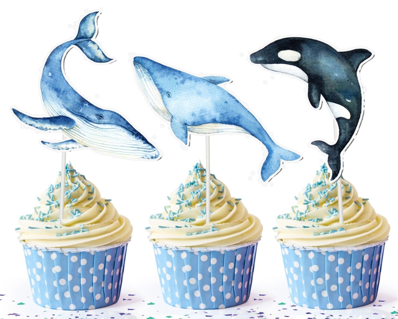 Whale Cupcake Toppers 10 Pcs – Ocean Themed Birthday Party Decorations for Kids, Baby Shower Supplies, Under the Sea Cake Picks
