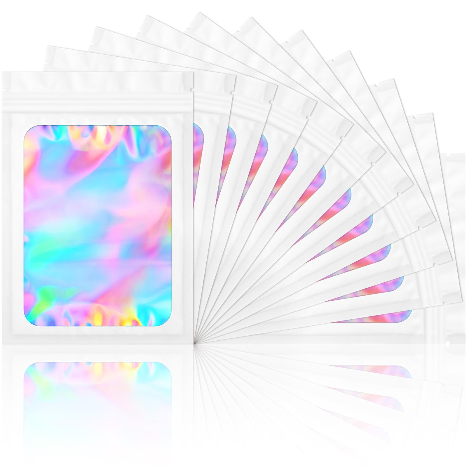 Photo 1 of 100 Pack Smell Proof Bags- Resealable Mylar Holographic Packaging Pouch Bag with Clear Window for Food Storage Eyelash Jewelry Electronics Storage (White, 3.5 x 4.7 Inch)