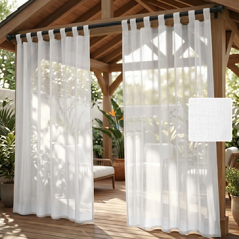 AUAUY 2 Panels Outdoor Curtains, Waterproof Sheer Curtains, White 132x243cm