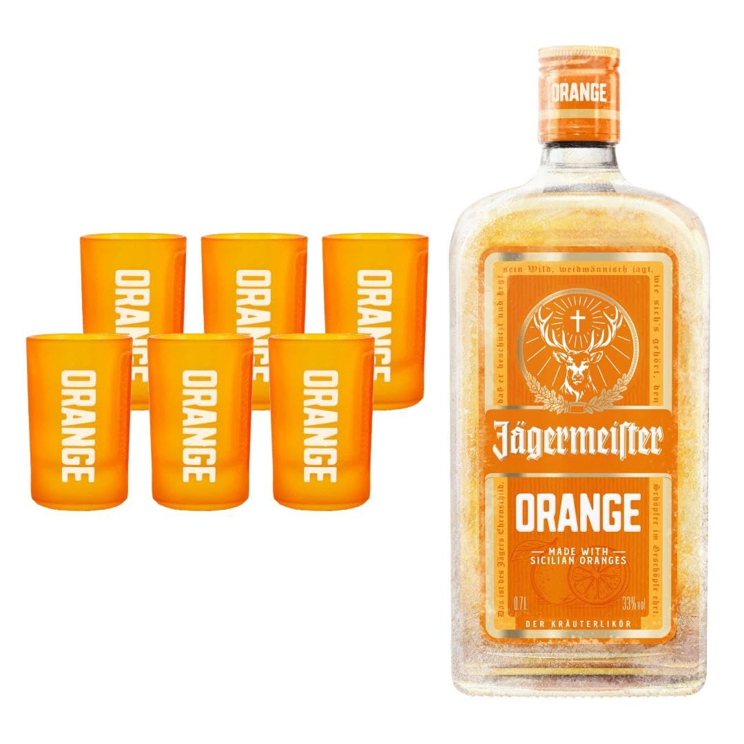 Jaegermeister ORANGE Shotgläser 6er Set + 1 Flasche Jaegermeister ORANGE 0,7L (33% Vol.) – Das perfekte Duo für fruchtige Genussmomente- [Enthält Sulfite]