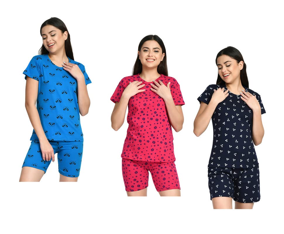 Image of IndiWeaves Cotton Printed Tops and Shorts Set Night Suit for Women (Pack of 3) Blue::Red::Dark Blue