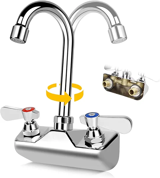 ZKDAUSDO 4 Inch Center Commercial Sink Faucet Wall Mount Kitchen Hand Sink Faucet, 1/2" NPT Male Inlet, Brass Constructed & Chrome Polished, with 3-1/2" Gooseneck Spout & Dual Lever Handles