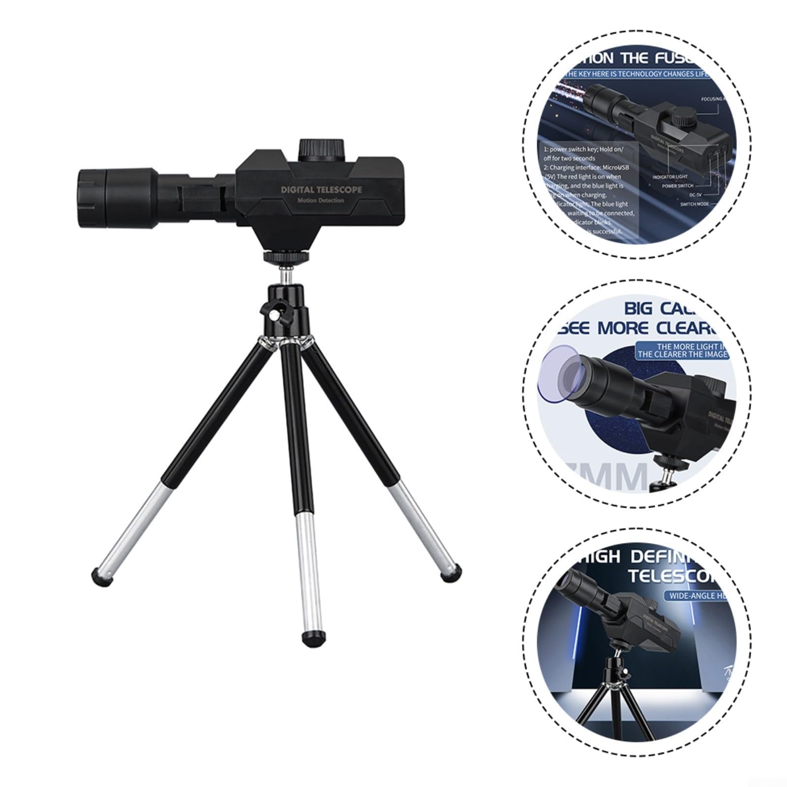 Telescopio monocular digital 70x Zoom HD 2MP Cámara con trípode WiFi Conexión Smartphone Vida Silvestre Birdwatching Conciertos Negro