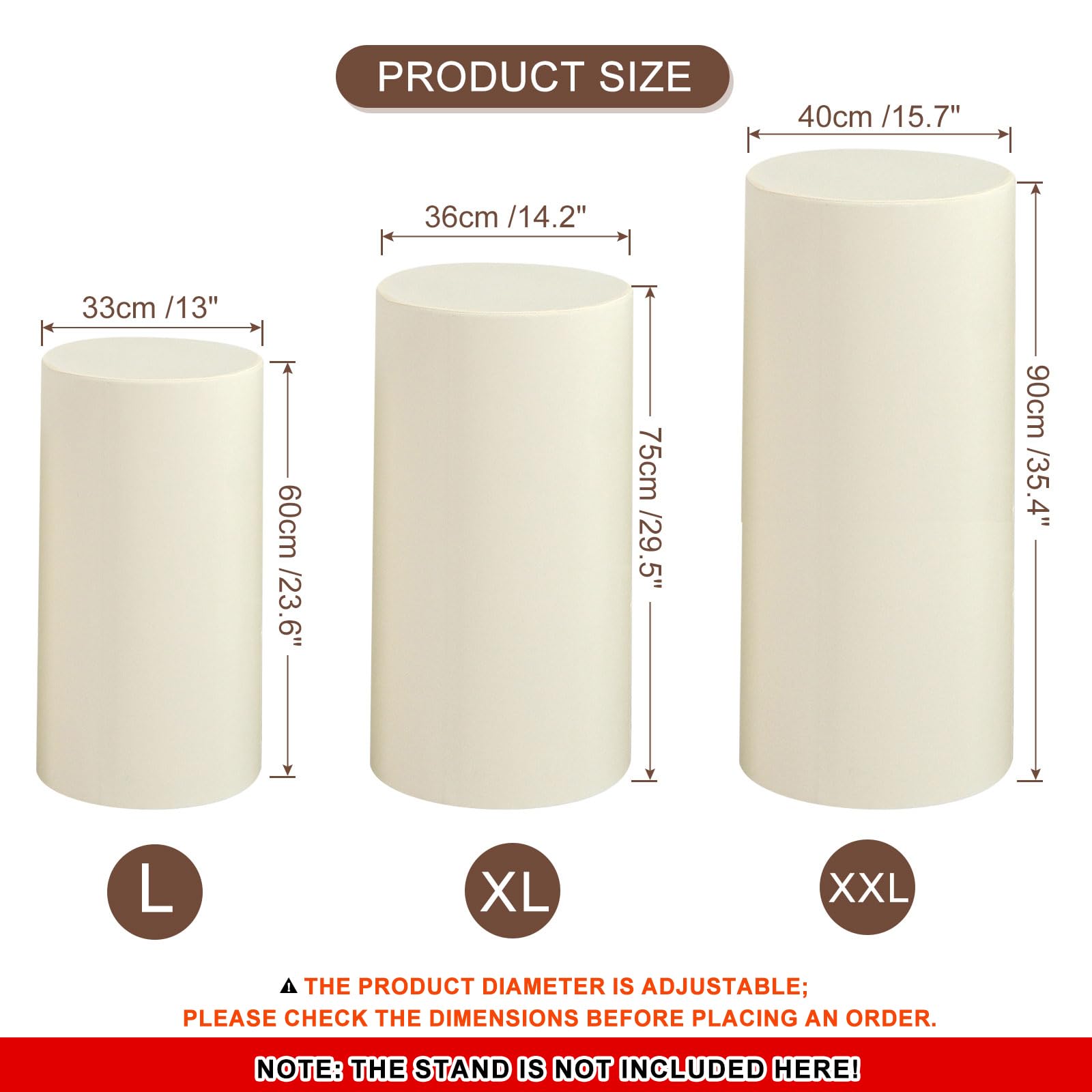 QUARKZMAN Set de 3 Housses de Socle Cylindrique en Spandex Beige, Housse de Socle pour Décoration de Mariage Anniversaire Fête, Contient uniquement (Tissu Élastique - Grand)