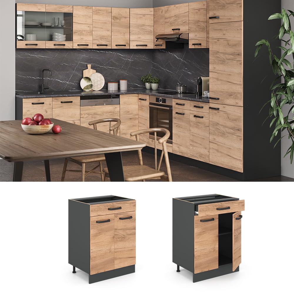 Vicco Mueble bajo de Cocina R-Line, Roble Dorado/Antracita, 60 cm con cajón, sin encimera