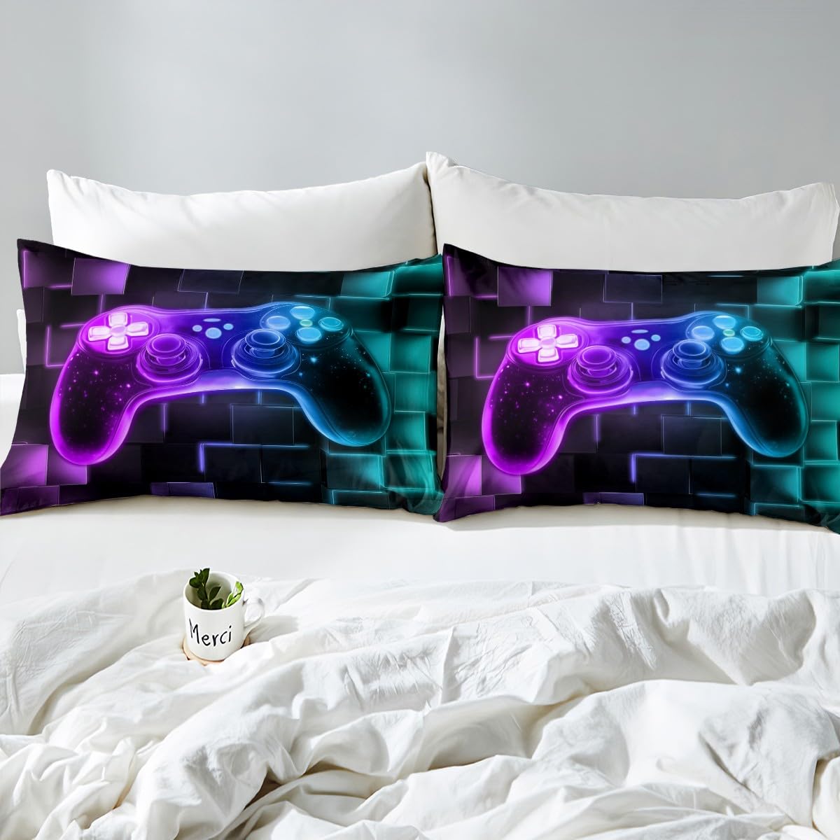Homewish - Juego de funda nórdica infantil de 200 x 200 juegos, juego de cama para adolescentes, juegos de funda nórdica, diseño de galaxia, mando de videojuegos, cubrecama, cuadrícula geométrica