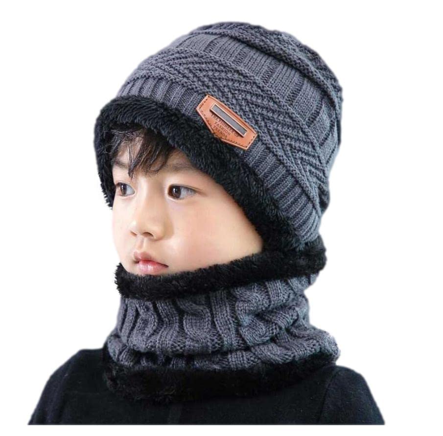 Image of Woolen Winter Cap with Neck Scarf for Boys and Girls /Kids Winter Cap (Age 5-14 Years)