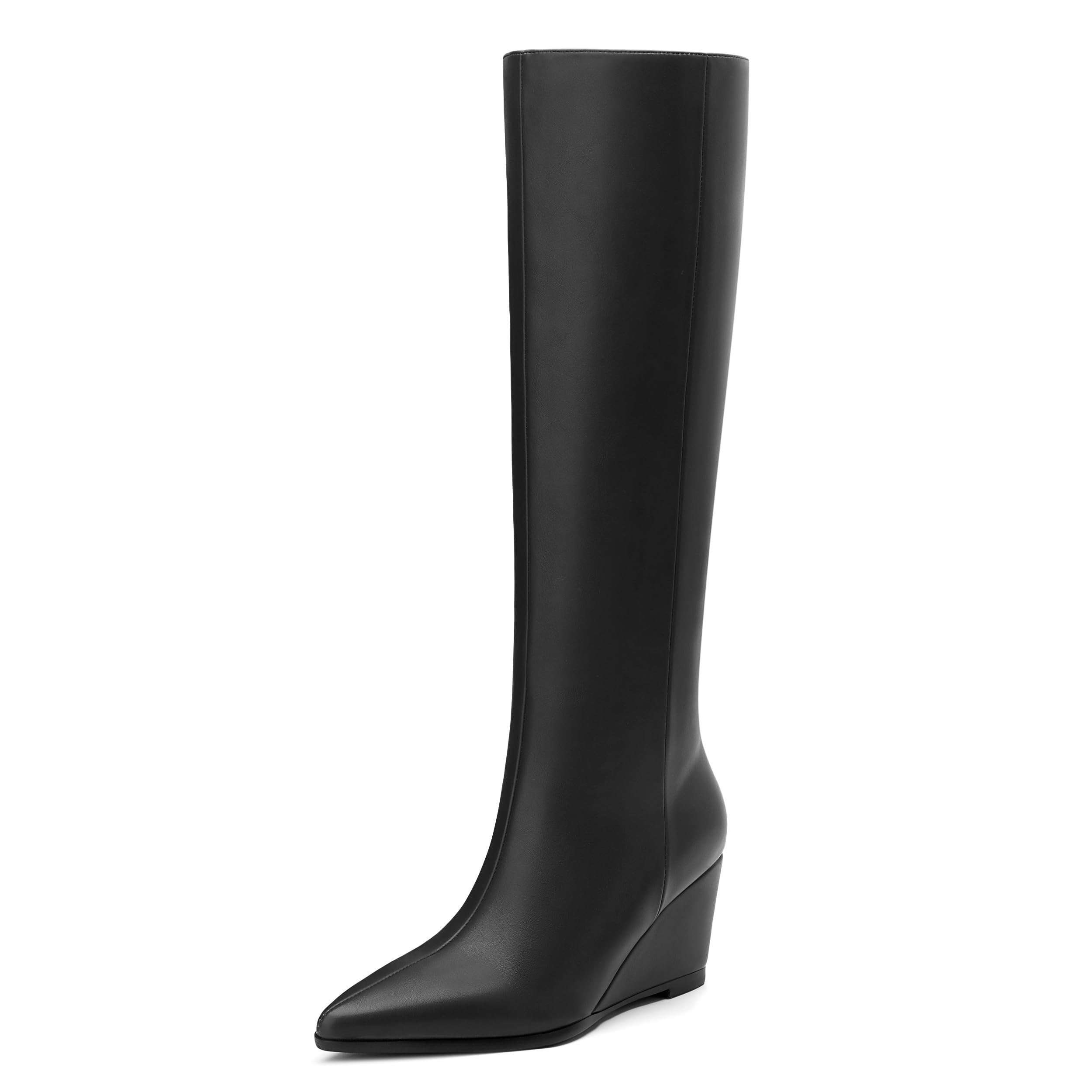 SHOWFOREST Womens Knee High Boots Wedge Heel Pointed Toe Tall Boots 2 5 Inch High Heel Side Zipper