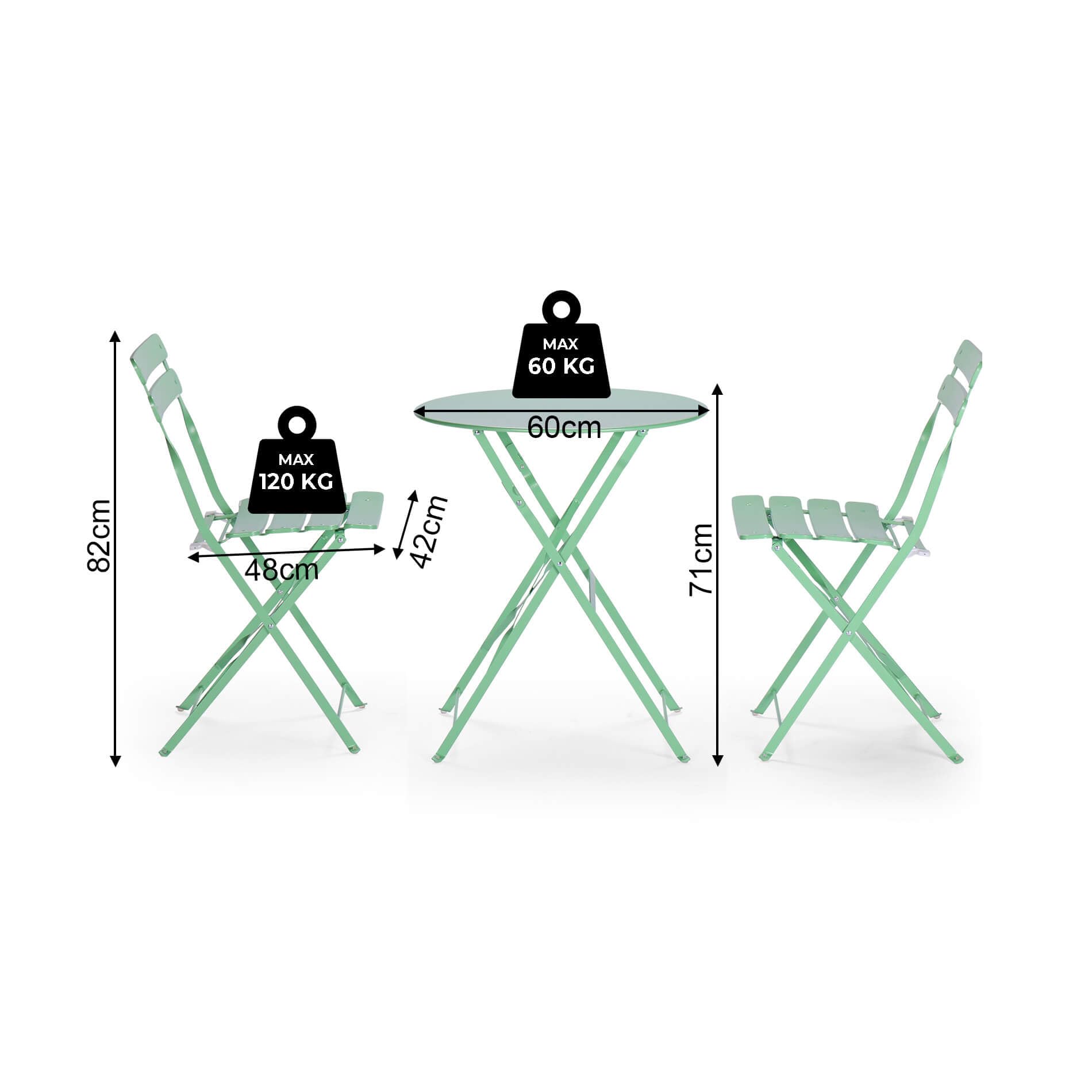 Rebecca Mobili Ensemble Bistro Pliable, Table avec 2 Chaises, Vert, Acier, Gain de Place, Convient pour Balcon Véranda - Dimensions HxLxP : 71 x 60 x 60 cm - Art. RE7163