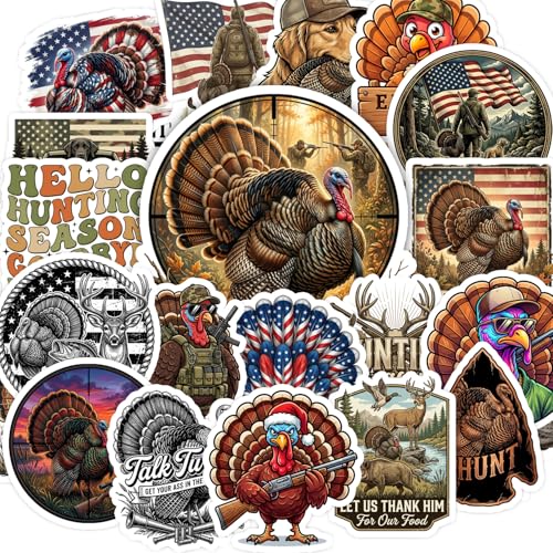 Turkey Hunting Stickers Pack 30pcs Turkey Stickers Waterproof Hunting Vinyl Decals with Wild Turkey Dog Patriotic USA & Outdoor Hunting Designs for Laptop Cooler Truck