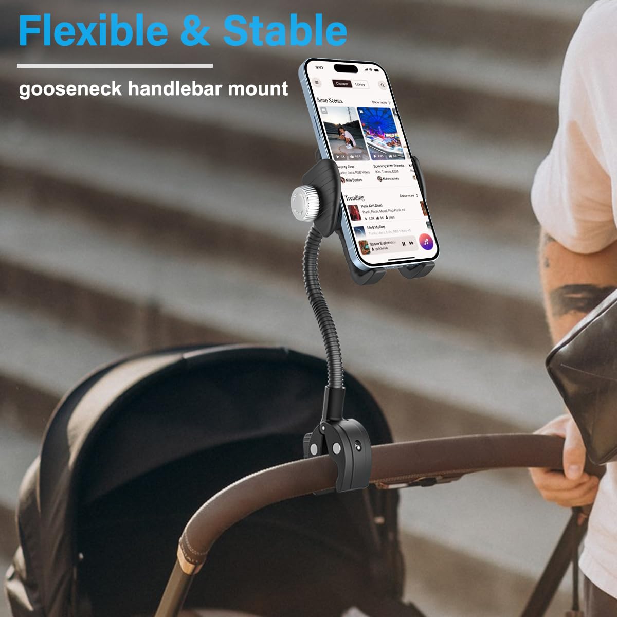 Soporte Metálico Flexible Móvil para Silla de Ruedas, Carro Bebe, Bicicleta | Soporte Móvil Cintas de Correr, Carrito - Abrazadera Manillar Tubo Barra para iPhone 17 /16/ 15, Galaxy y todos los Teléfonos