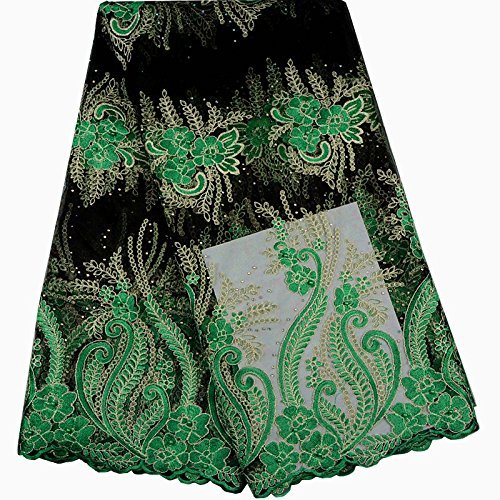 KENLACE 5 Yards/Lot Latest African lace African Cord Lace with Rhinestones,Green Nigerian Guipure Lace Fabrics for Women (Green)