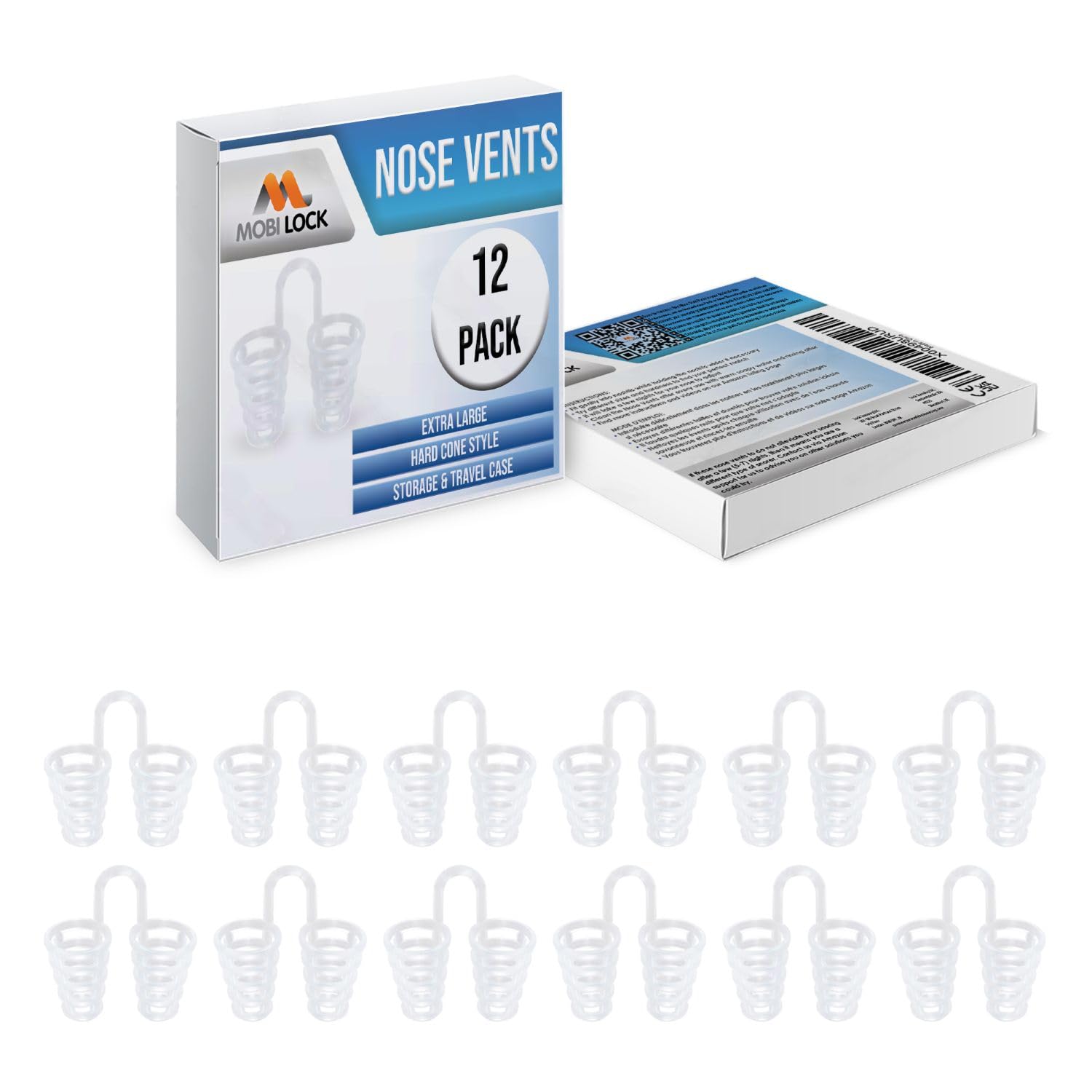 Nose Vent Sinus Relief Dilator (Pack of 12 XL Size) Hard Cone Vents - A Simple Solution for Nasal Snorers - Reusable Snoring Device to Enjoy a Peaceful Night's Sleep - by Mobi Lock