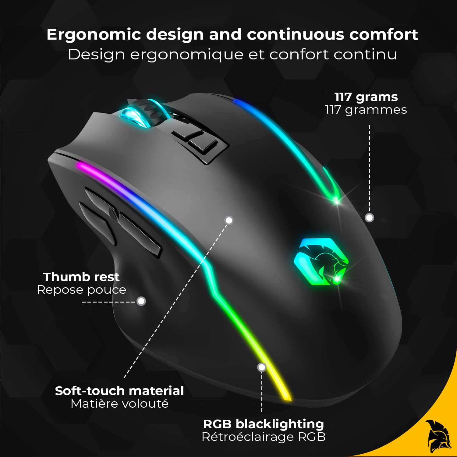 EMPIRE GAMING RF908 - Souris Gamers sans Fil Rechargeable avec Station de Recharge Magnétique RGB - 10000 DPI 8 Boutons Programmables Modes WiFi 2.4GHz / BT/Filaire Via USB-C (Noir)