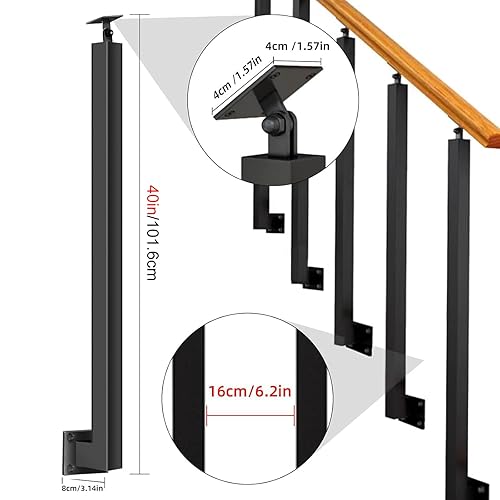 Miniatura 52 de 42/40/38/36/34in Square Stair Baluster Posts- 270° Adjustable Metal Railing Spindles with Flat Bracket Base and Screws Kits; Iron Posts are Suitable