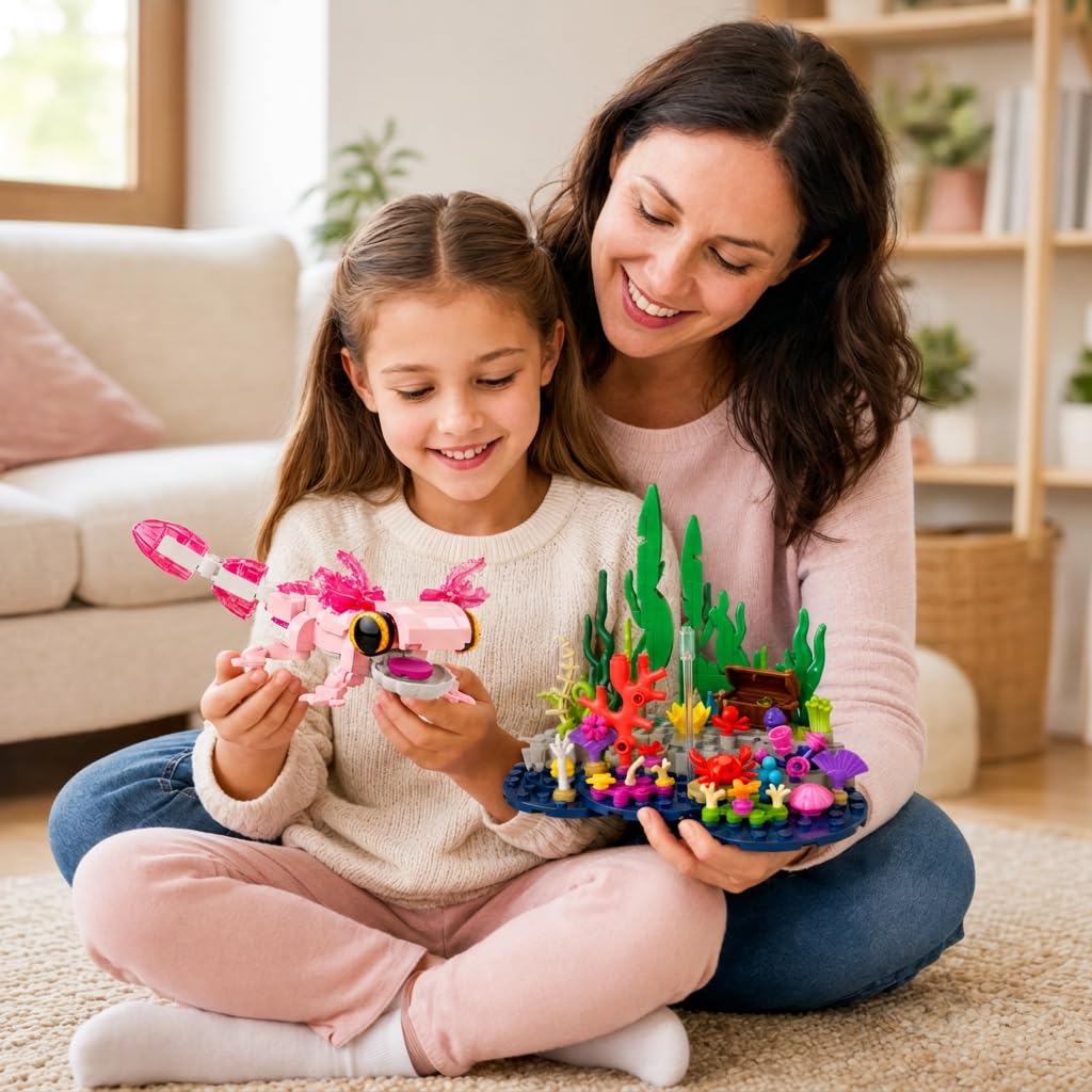 Axolotl Giocattolo da costruzione, carino rosa Axolotl subacqueo acquario | Con Axolotl mobile, scrigno nascosto, scena corallo, idea regalo per compleanno Natale