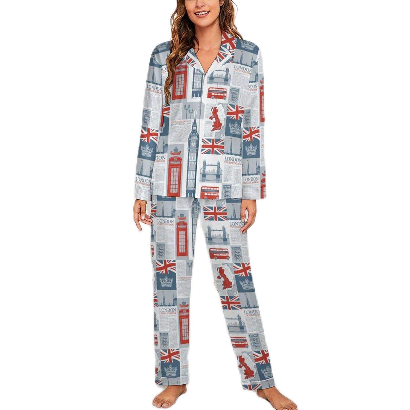Women's Black Theme Of Uk And London British Flag Pyjamas Set Long Sleeve Pjs Sets Pajama Sets Sleepwear Loungewear M
