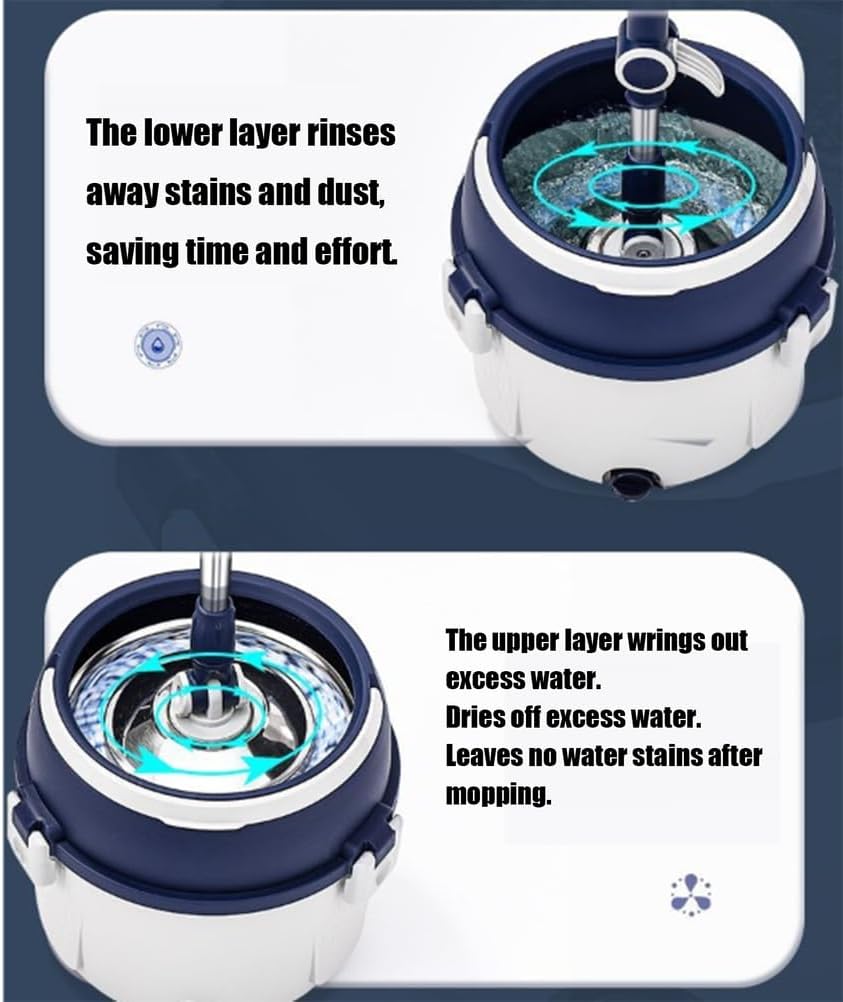 Spin Mop and Bucket Set Telescopic Microfiber Mop with Wringer, 2 Pads & Detachable 2 Compartment Bucket with Draining Hole for Home and Set
