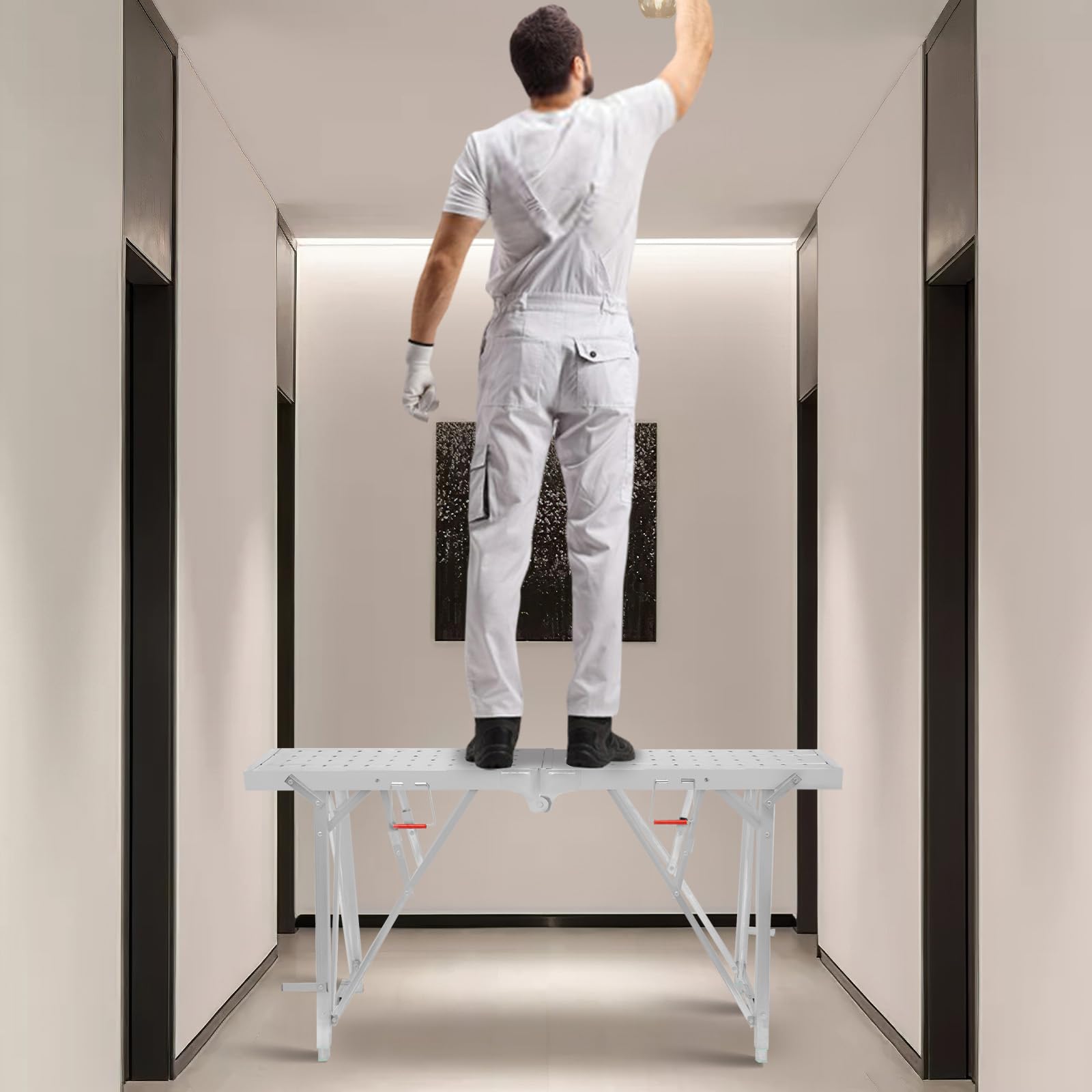 Regulowana platforma robocza, drabina schodkowa, 62,99'' x 9,8'' Platforma rusztowania, przenośna składana stalowa drabina schodkowa o udźwigu 330 funtów, regulowana wysokość od 31,5 do 49,6 cala (6
