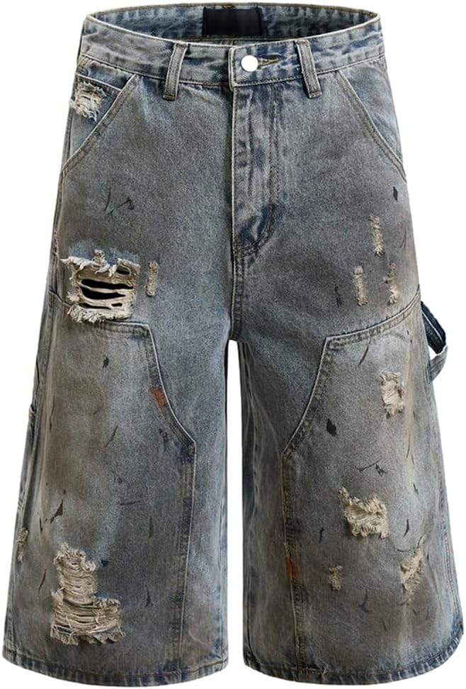 Men's Ripped Denim Shorts Baggy Acid Wash Shorts Vintage Distressed Streetwear Casual Jorts