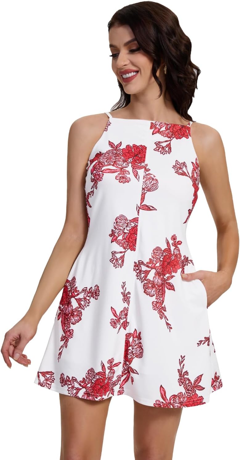 FANCYINN Women’s Halter Neck A-Line Mini Dress with Pockets Adjustable Spaghetti Strap Backless Elegant Date Night Dresses - Image 3