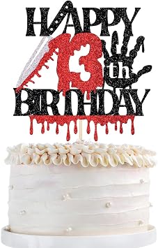 Black Red Glitter Killer Happy 13th Birthday Cake Topper, Halloween Zombie Vampire Bloody Friday Birthday Decoration, Horror Themed Party Supplies