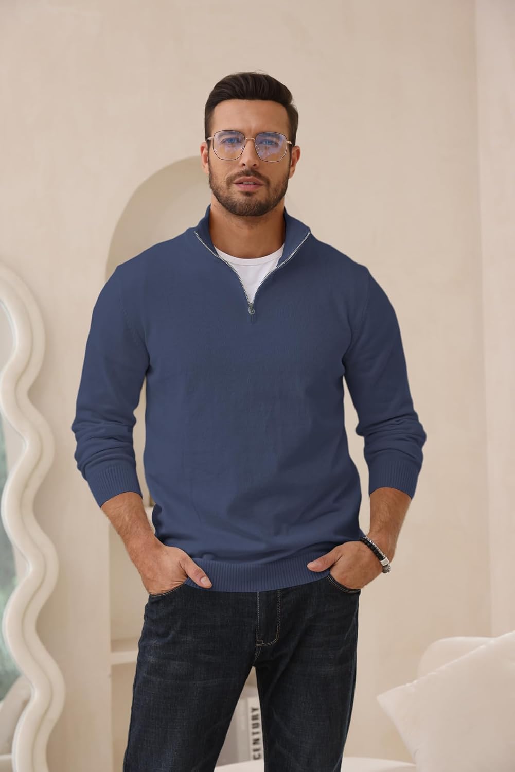 Lexiart Men's Quarter Zip Sweater Casual Mock Neck Pullover Ribbed Knit Polo Sweater - Image 2