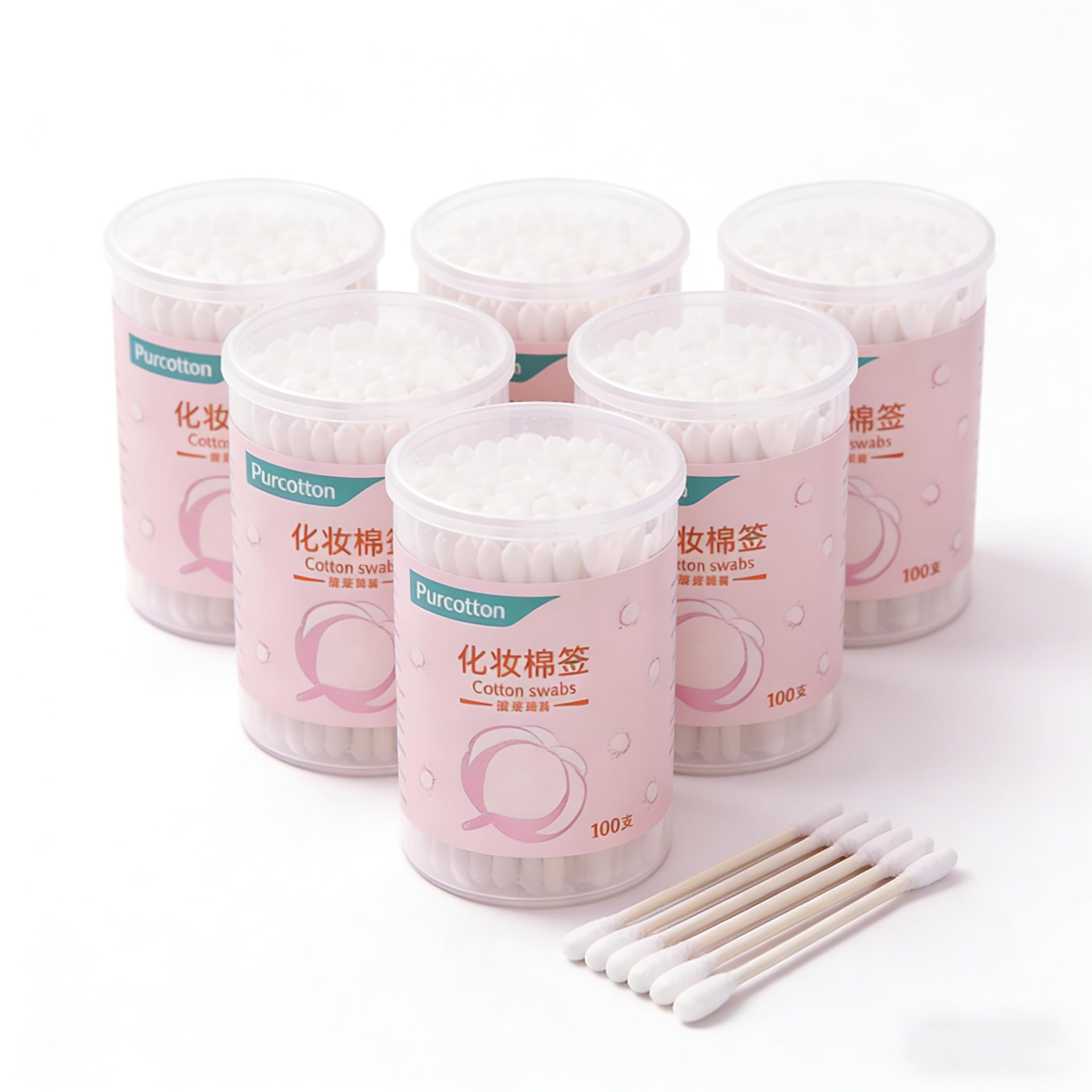Purcotton 100% Cotton Buds Double-Tipped Q-Tips – 100 Pieces, 7.95 cm, Soft Beauty Ear Swabs for Makeup & Cleaning-6 Packs