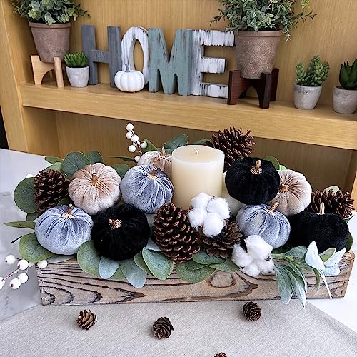 Image of Winlyn 12 Pcs Small Assorted Faux Velvet Pumpkins Decorative Fabric in White Black Gray Taupe Foam Pumpkins 3 inch for Farmhouse Fall Wedding Thanksgiving Halloween Table Centerpiece Mantel Decor