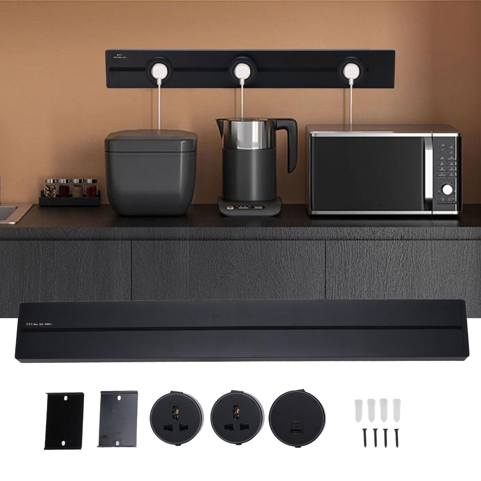 Generic Toma de Corriente de Carril de Pared Extraíble, 600mm, 32A, 8000W, Salidas LED para Sala de Estudio de Pared de TV (2 tomacorrientes universales 1 tomacorriente USB y)